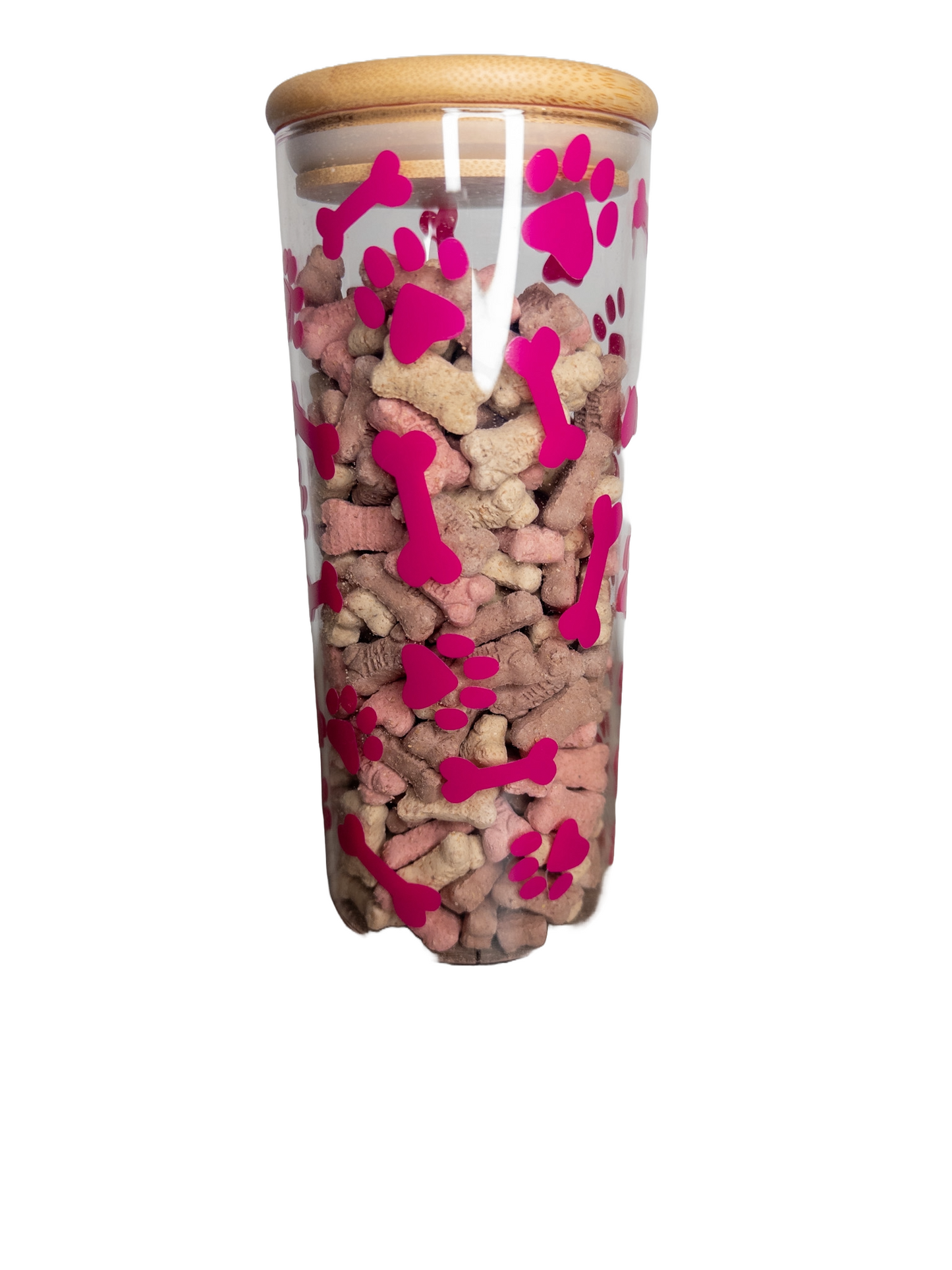 Glass Pet Treat Storage Jar with Bamboo Lid Pink Paw Print Bone Design  Airtight Treat Container for Dogs & Cats