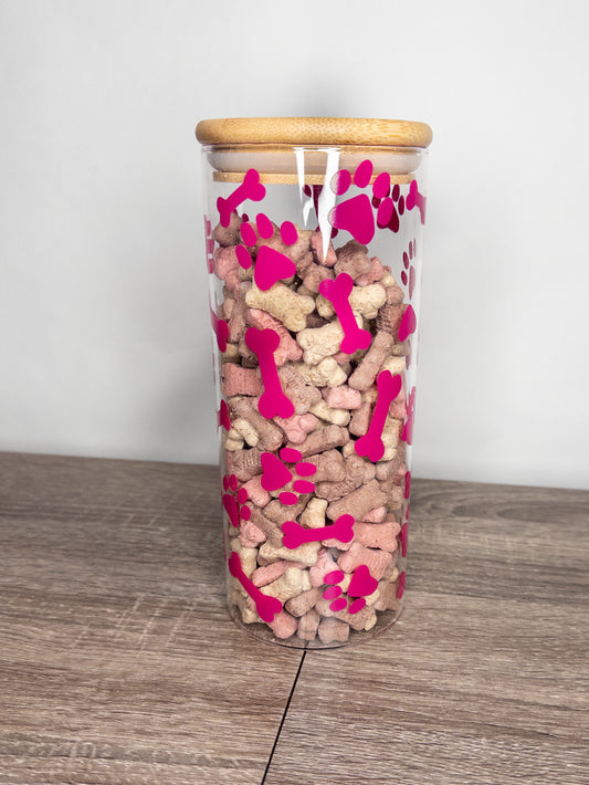 Glass Pet Treat Storage Jar with Bamboo Lid Pink Paw Print Bone Design  Airtight Treat Container for Dogs & Cats