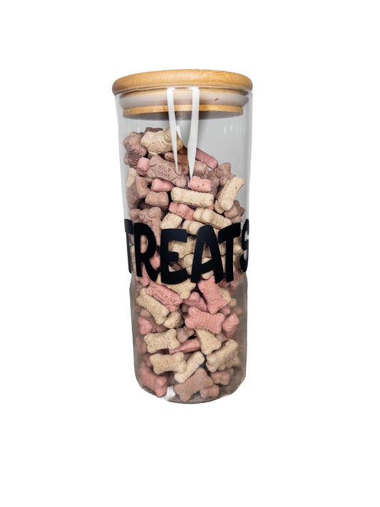 Personalized Dog Treat Jar – Glass Pet Treat Container with Bamboo Lid & Lettering – Custom Pet Treat Storage – Modern Dog Treat Canister